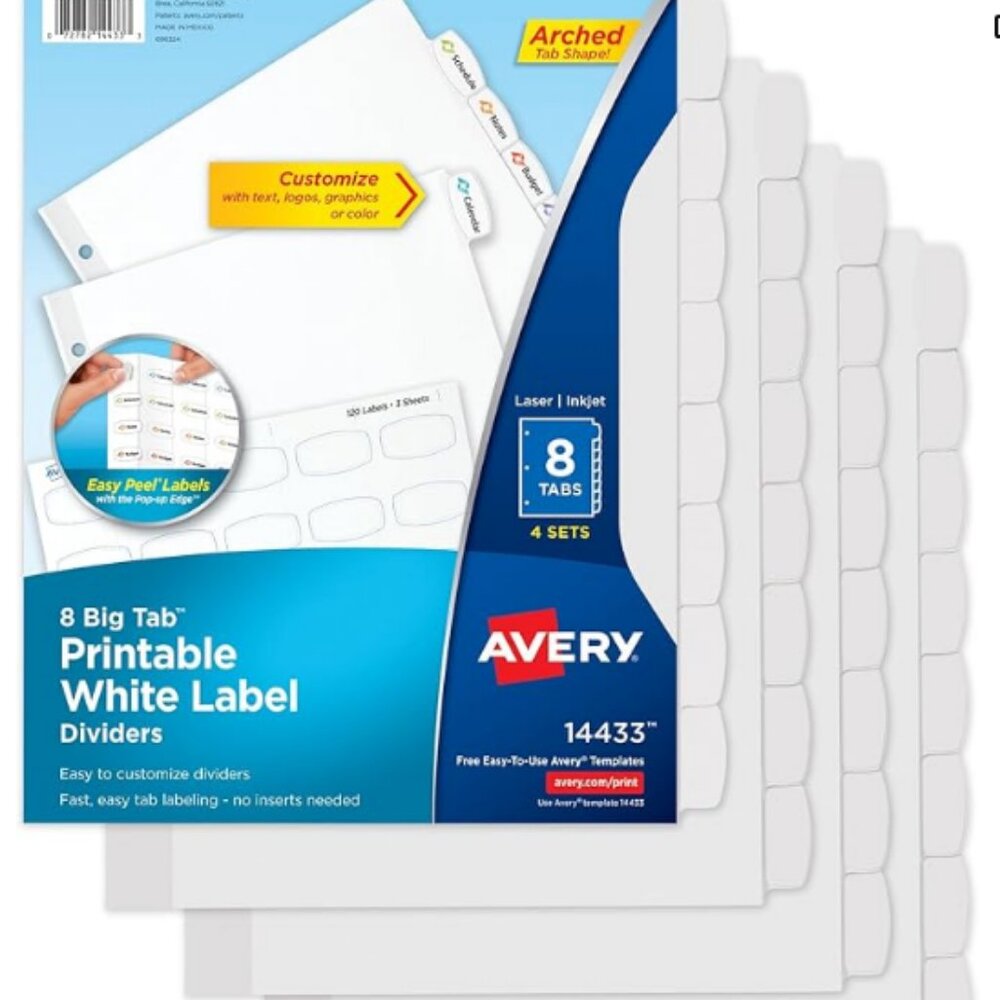 Avery Big Tab Printable Label Dividers w/ Easy Peel - 5 packages (40 tabs total)